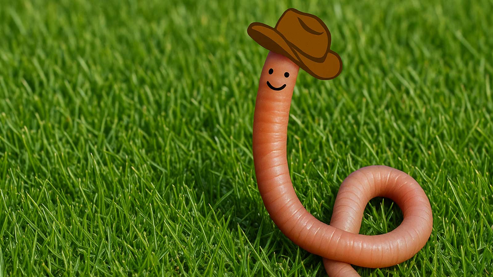 Illustration of an earthworm holding a teacup on a healthy green lawn