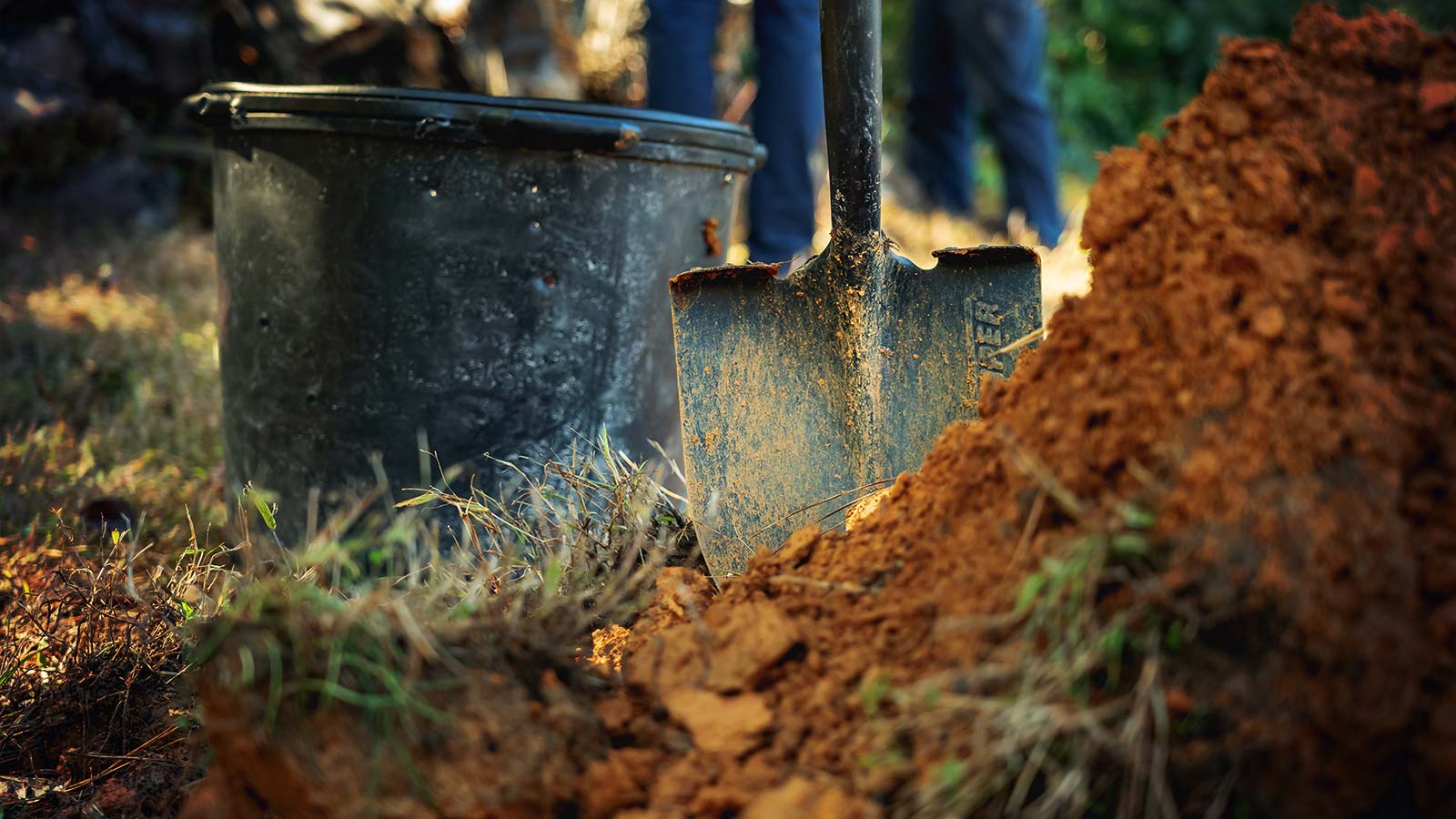 A newly dug hole for planting trees, showing a pot and shovel