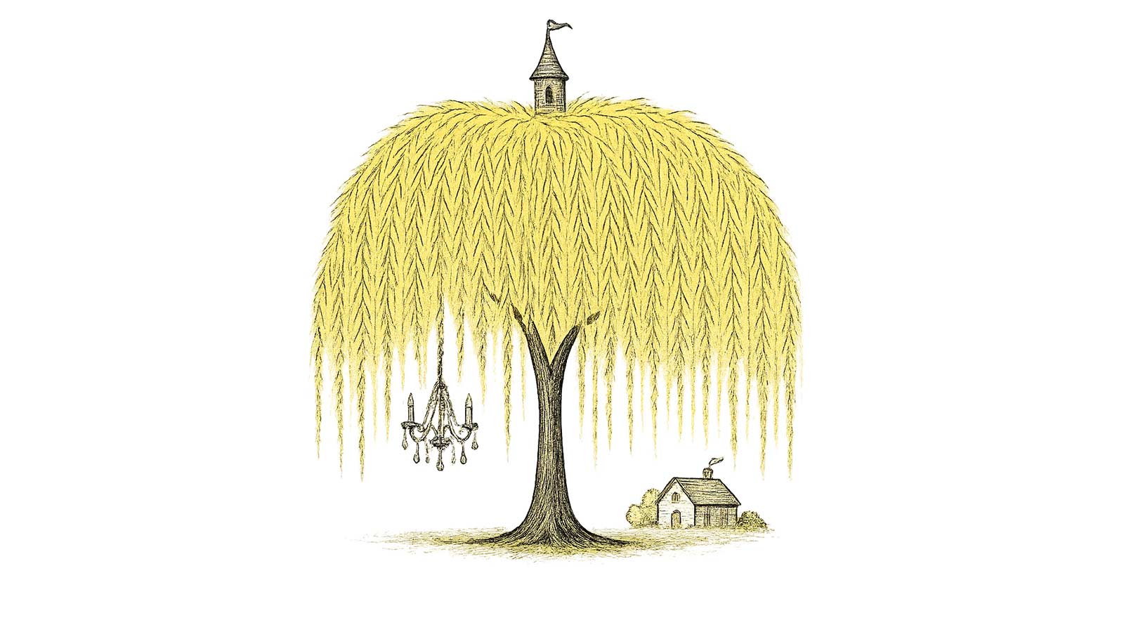 Willow tree with a turret on top and a chandelier in the branches.